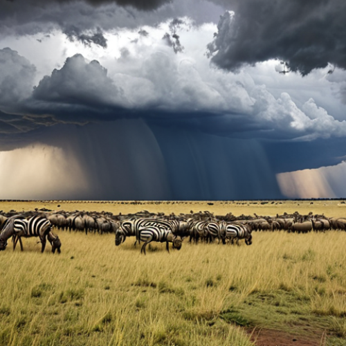 Home 23 **A panoramic shot of the Serengeti plains in Tanzania during the Great Migration.** Wildebeest, zebras, and gazelles stretch to the horizon. A dramatic sky with storm clouds gathering adds to the sense of scale and impending river crossing. Focus on the movement and vastness of the landscape.