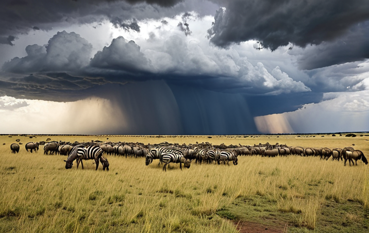 **A panoramic shot of the Serengeti plains in Tanzania during the Great Migration.** Wildebeest, zebras, and gazelles stretch to the horizon. A dramatic sky with storm clouds gathering adds to the sense of scale and impending river crossing. Focus on the movement and vastness of the landscape.