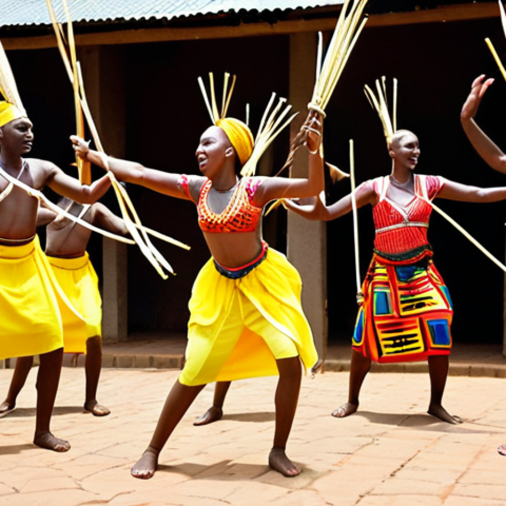 **Intore dancers performing with vibrant costumes and spears, capturing the energy and storytelling aspect of Rwandan traditional dance. Focus on the power and grace of their movements.** (Based on: "Unveiling the Heartbeat: Traditional Rwandan Music and Dance" and "The Grace of Traditional Dance")