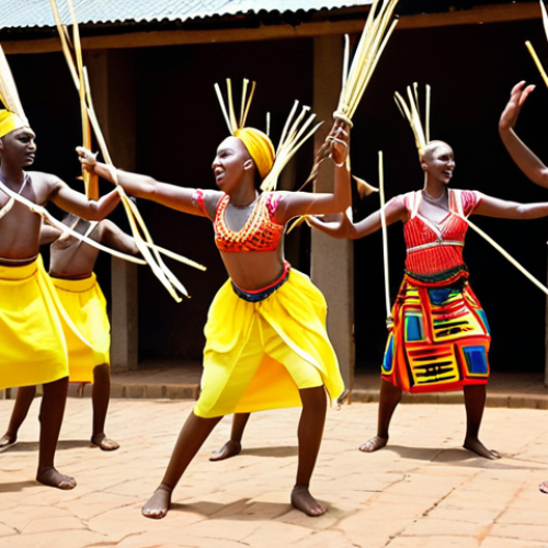 Home 22 **Intore dancers performing with vibrant costumes and spears, capturing the energy and storytelling aspect of Rwandan traditional dance. Focus on the power and grace of their movements.** (Based on: "Unveiling the Heartbeat: Traditional Rwandan Music and Dance" and "The Grace of Traditional Dance")