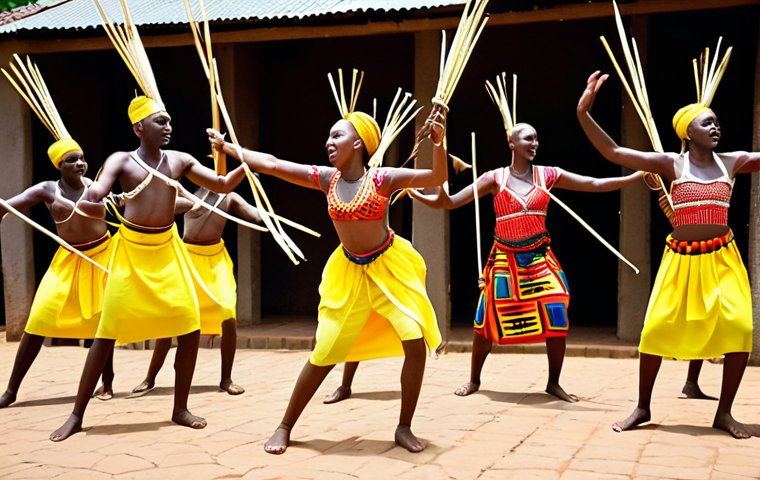 **Intore dancers performing with vibrant costumes and spears, capturing the energy and storytelling aspect of Rwandan traditional dance. Focus on the power and grace of their movements.** (Based on: "Unveiling the Heartbeat: Traditional Rwandan Music and Dance" and "The Grace of Traditional Dance")