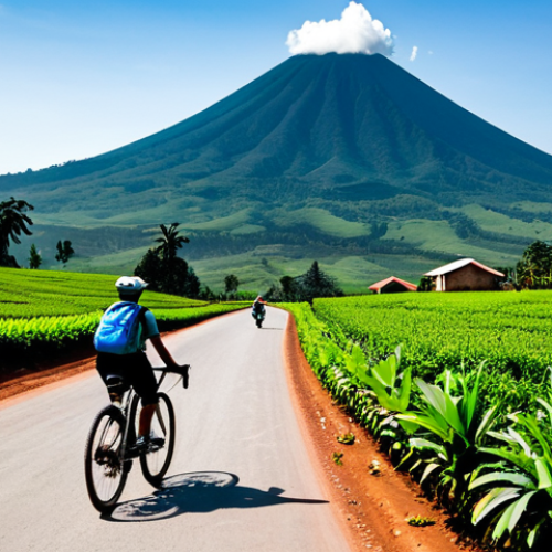 Home 21 A solo cyclist, wearing a modest, functional cycling kit and helmet, rides a gravel bike on a winding paved road through a vast emerald green tea plantation in rural Rwanda. In the distance, neat rows of vibrant banana groves intersperse with the tea fields. Majestic Mount Karisimbi, a volcano, rises against a clear morning sky, providing a breathtaking panoramic view. The scene is bathed in crisp, natural light. Professional photography, high detail, fully clothed, appropriate attire, safe for work, perfect anatomy, correct proportions, natural pose, well-formed hands, proper finger count, natural body proportions, family-friendly, professional.