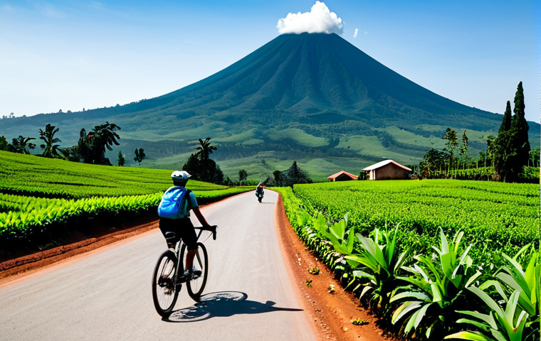 A solo cyclist, wearing a modest, functional cycling kit and helmet, rides a gravel bike on a winding paved road through a vast emerald green tea plantation in rural Rwanda. In the distance, neat rows of vibrant banana groves intersperse with the tea fields. Majestic Mount Karisimbi, a volcano, rises against a clear morning sky, providing a breathtaking panoramic view. The scene is bathed in crisp, natural light. Professional photography, high detail, fully clothed, appropriate attire, safe for work, perfect anatomy, correct proportions, natural pose, well-formed hands, proper finger count, natural body proportions, family-friendly, professional.