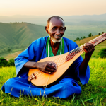 A serene elderly Rwandan male musician in modest, traditional attire, seated and gently playing an Inanga (eight-stringed zither). He is in a natural pose, focused on his instrument, with a peaceful expression. The background features rolling green hills under a soft, golden hour light, suggesting a tranquil Rwandan rural landscape. The image is a high-quality, professional photograph, emphasizing perfect anatomy, correct proportions, well-formed hands, and proper finger count. The content is safe for work, appropriate, and family-friendly, ensuring he is fully clothed in traditional dress.