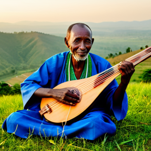 Home 20 A serene elderly Rwandan male musician in modest, traditional attire, seated and gently playing an Inanga (eight-stringed zither). He is in a natural pose, focused on his instrument, with a peaceful expression. The background features rolling green hills under a soft, golden hour light, suggesting a tranquil Rwandan rural landscape. The image is a high-quality, professional photograph, emphasizing perfect anatomy, correct proportions, well-formed hands, and proper finger count. The content is safe for work, appropriate, and family-friendly, ensuring he is fully clothed in traditional dress.