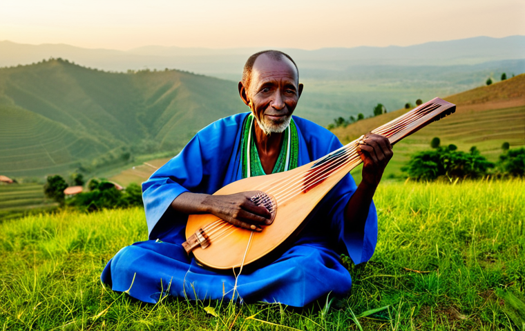 A serene elderly Rwandan male musician in modest, traditional attire, seated and gently playing an Inanga (eight-stringed zither). He is in a natural pose, focused on his instrument, with a peaceful expression. The background features rolling green hills under a soft, golden hour light, suggesting a tranquil Rwandan rural landscape. The image is a high-quality, professional photograph, emphasizing perfect anatomy, correct proportions, well-formed hands, and proper finger count. The content is safe for work, appropriate, and family-friendly, ensuring he is fully clothed in traditional dress.