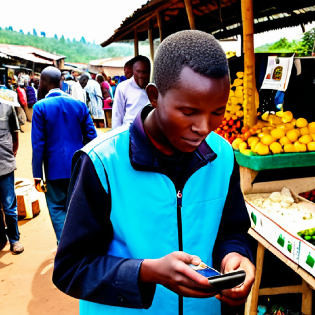 A vibrant scene depicting a diverse group of Rwandan people engaged in daily commerce. In the foreground, a local market vendor in modest, traditional attire is accepting a mobile payment via a QR code displayed on a simple stall. Nearby, a young entrepreneur, dressed in smart casual professional attire, is managing business finances on a smartphone, with a sense of accomplishment. In the background, a rural farmer in practical, modest clothing is using a mobile phone to access financial services, hinting at agricultural tech. The setting is a bustling, sunlit outdoor market, transitioning into a green, rolling rural landscape, showcasing the widespread adoption of digital finance. Perfect anatomy, correct proportions, natural poses, well-formed hands, proper finger count. Professional photography, high quality, natural lighting. Safe for work, appropriate content, fully clothed, modest, family-friendly.