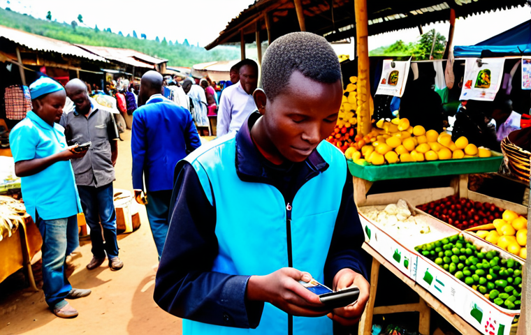 A vibrant scene depicting a diverse group of Rwandan people engaged in daily commerce. In the foreground, a local market vendor in modest, traditional attire is accepting a mobile payment via a QR code displayed on a simple stall. Nearby, a young entrepreneur, dressed in smart casual professional attire, is managing business finances on a smartphone, with a sense of accomplishment. In the background, a rural farmer in practical, modest clothing is using a mobile phone to access financial services, hinting at agricultural tech. The setting is a bustling, sunlit outdoor market, transitioning into a green, rolling rural landscape, showcasing the widespread adoption of digital finance. Perfect anatomy, correct proportions, natural poses, well-formed hands, proper finger count. Professional photography, high quality, natural lighting. Safe for work, appropriate content, fully clothed, modest, family-friendly.