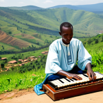 A Rwandan folk musician, fully clothed in modest traditional attire, gracefully playing an Inanga (trough zither) with perfectly formed hands, showcasing natural body proportions and correct proportions. The musician is seated outdoors in a serene, natural pose under the warm African sun, surrounded by rolling green hills. The image captures the melancholic yet hopeful hum of the instrument, emphasizing a deep connection to cultural heritage. Professional photography, vibrant colors, high detail, clear focus, appropriate attire, professional dress, safe for work, appropriate content, family-friendly, natural lighting.