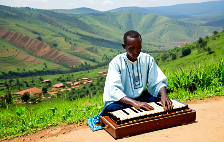 A Rwandan folk musician, fully clothed in modest traditional attire, gracefully playing an Inanga (trough zither) with perfectly formed hands, showcasing natural body proportions and correct proportions. The musician is seated outdoors in a serene, natural pose under the warm African sun, surrounded by rolling green hills. The image captures the melancholic yet hopeful hum of the instrument, emphasizing a deep connection to cultural heritage. Professional photography, vibrant colors, high detail, clear focus, appropriate attire, professional dress, safe for work, appropriate content, family-friendly, natural lighting.