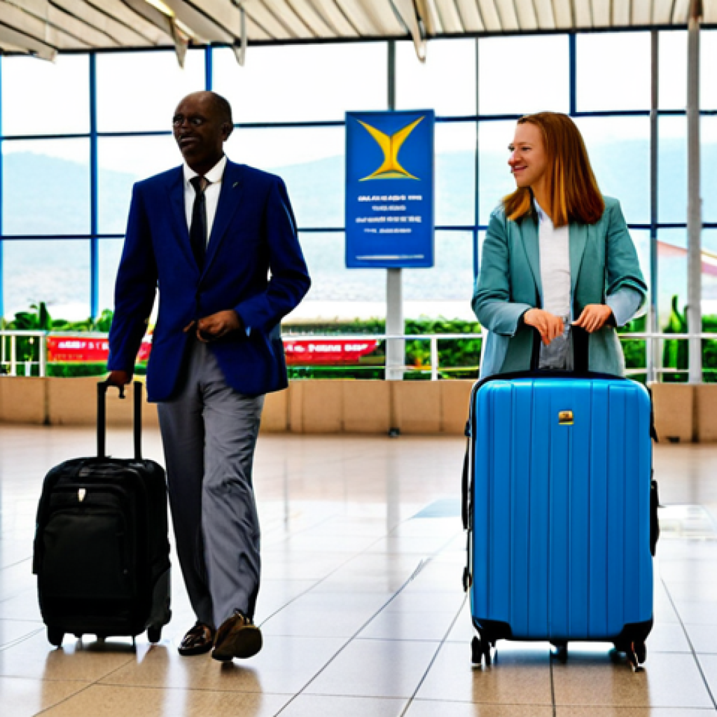 Kigali International Airport Arrival**
"A professional photograph of a diverse group of tourists arriving at Kigali International Airport, fully clothed in appropriate travel attire, pulling suitcases. The airport terminal is modern and clean. Background shows the Rwandan flag and airport signage. Safe for work, appropriate content, perfect anatomy, natural proportions, well-formed hands, professional, family-friendly."
**