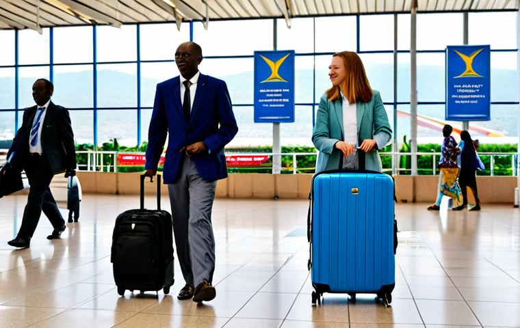 Kigali International Airport Arrival**

"A professional photograph of a diverse group of tourists arriving at Kigali International Airport, fully clothed in appropriate travel attire, pulling suitcases. The airport terminal is modern and clean. Background shows the Rwandan flag and airport signage. Safe for work, appropriate content, perfect anatomy, natural proportions, well-formed hands, professional, family-friendly."

**