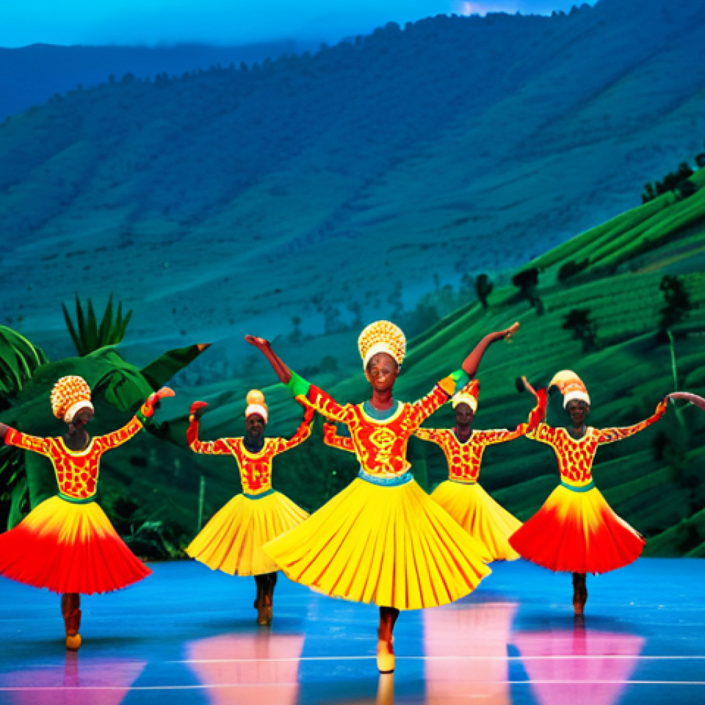 르완다의 민속 춤 공연장 추천 - National Ballet Performance**
"A brightly lit stage featuring Rwandan dancers in traditional, color...