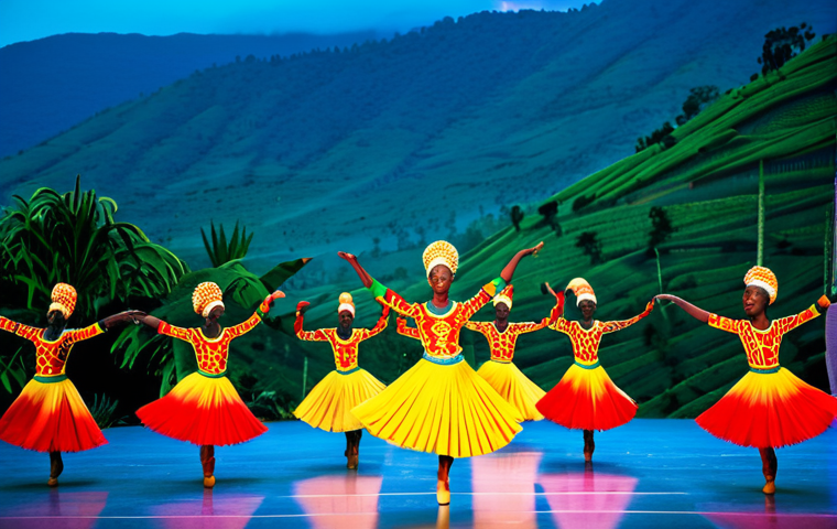르완다의 민속 춤 공연장 추천 - National Ballet Performance**
"A brightly lit stage featuring Rwandan dancers in traditional, color...