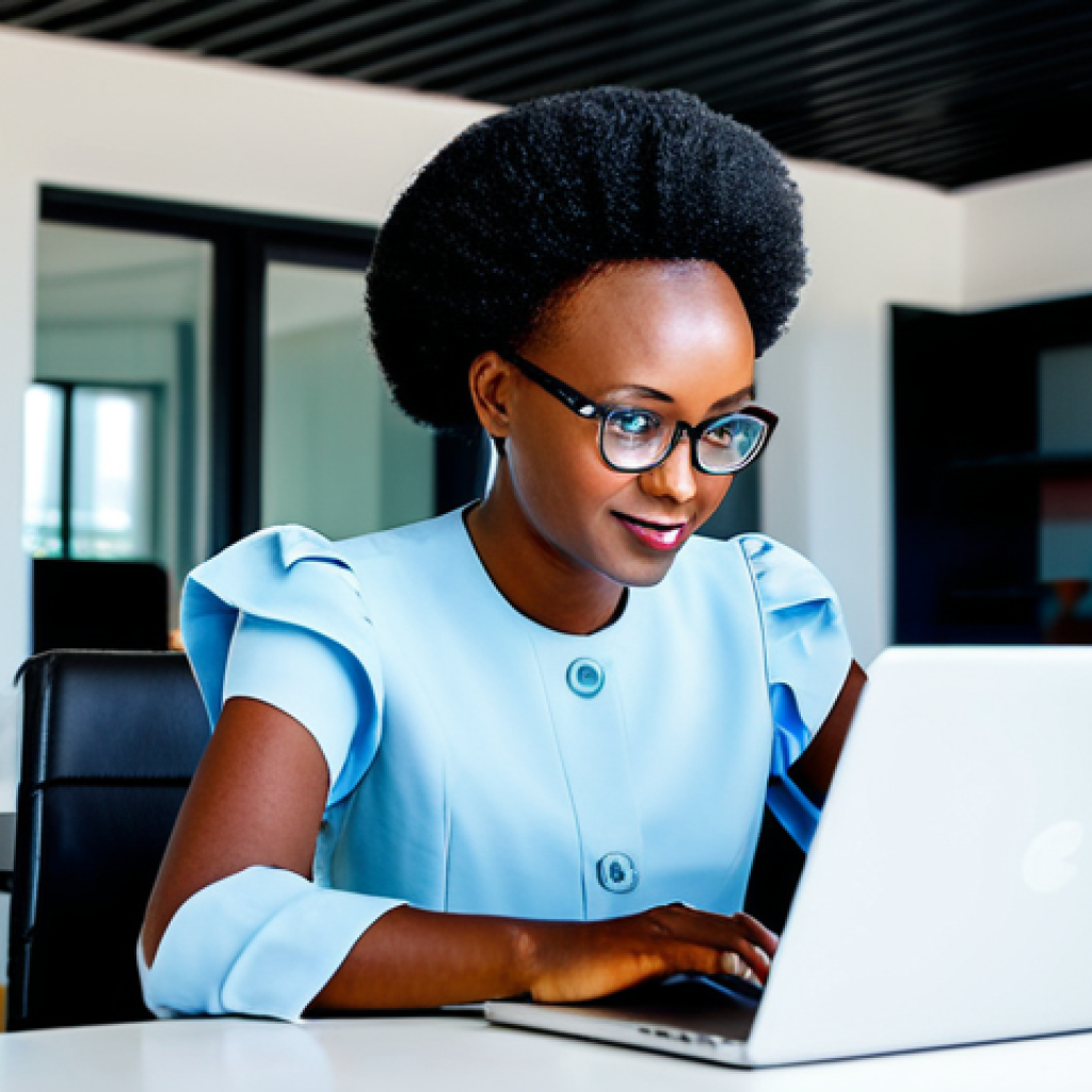 르완다에서의 고용 현황 - Modern Rwandan Entrepreneur**
"A professional Rwandan woman in a modest, stylish business dress, wo...