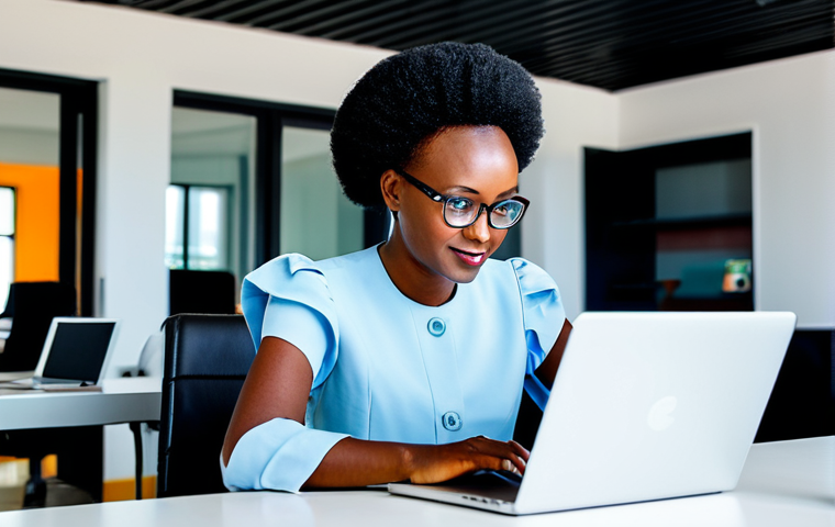 르완다에서의 고용 현황 - Modern Rwandan Entrepreneur**
"A professional Rwandan woman in a modest, stylish business dress, wo...