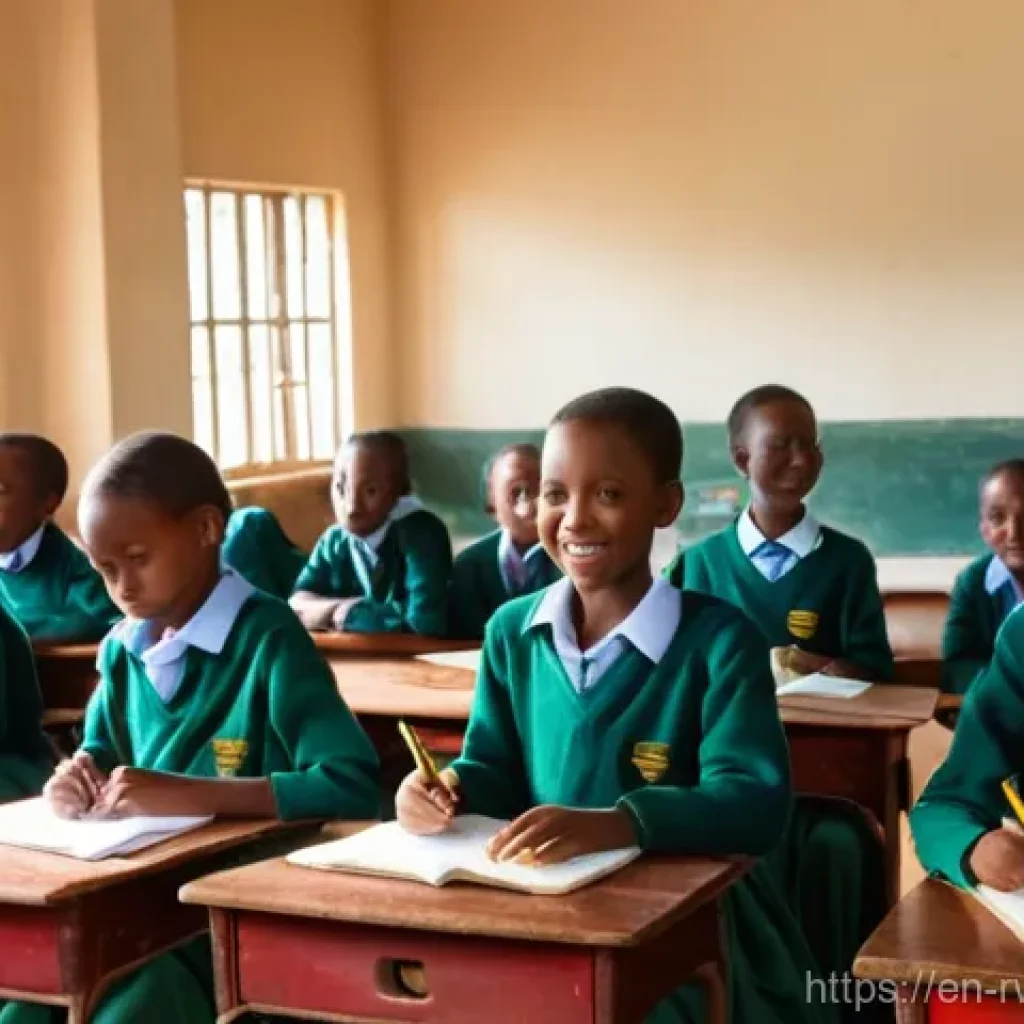 르완다 교육 정책 - **Prompt:** A vibrant, well-lit classroom in Rwanda, filled with diverse, smiling children aged 7-10...