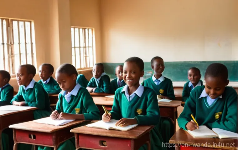 르완다 교육 정책 - **Prompt:** A vibrant, well-lit classroom in Rwanda, filled with diverse, smiling children aged 7-10...