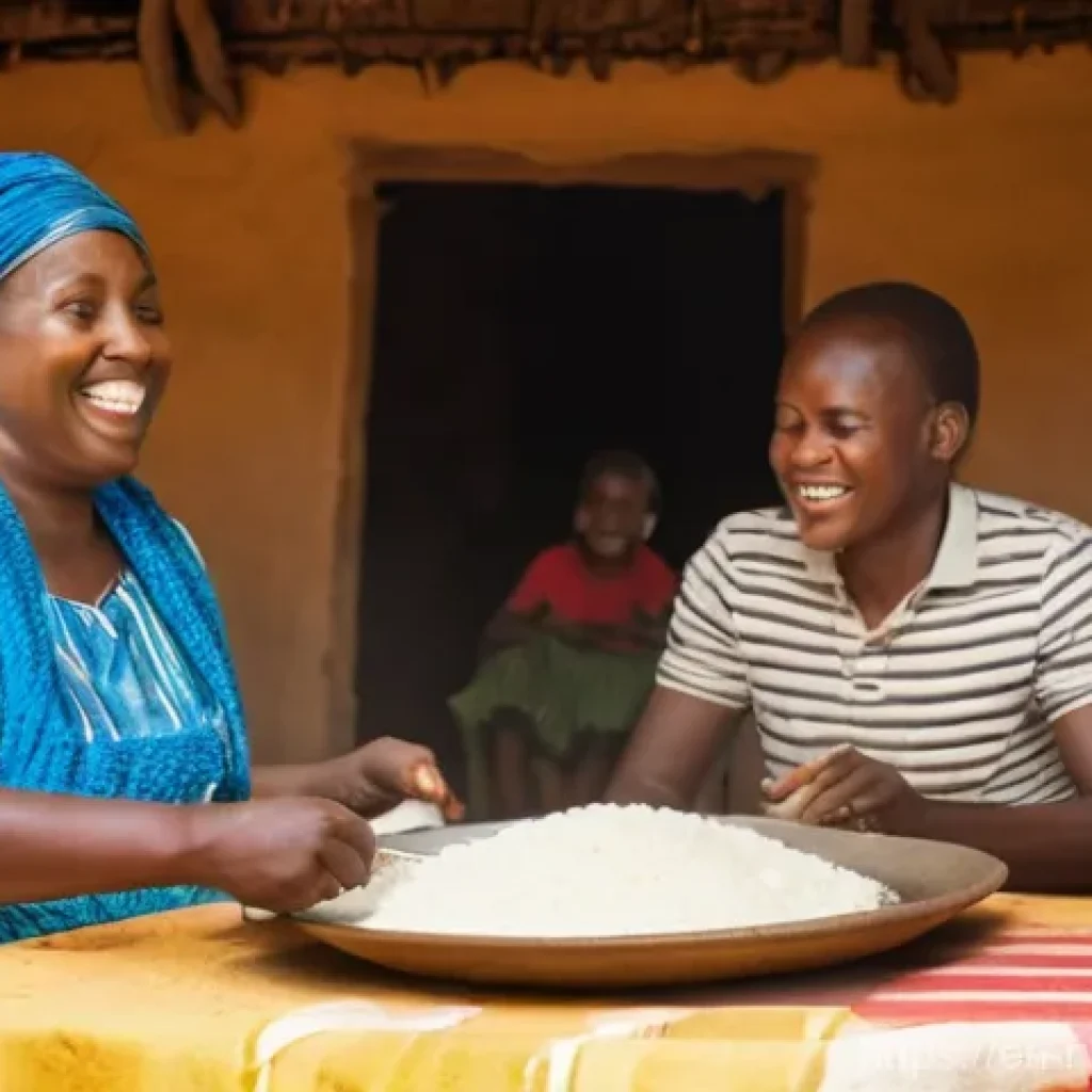 르완다의 전통 음식 레시피 - **Prompt:** A warm, inviting scene of a Rwandan family or group of friends gathered around a low tab...