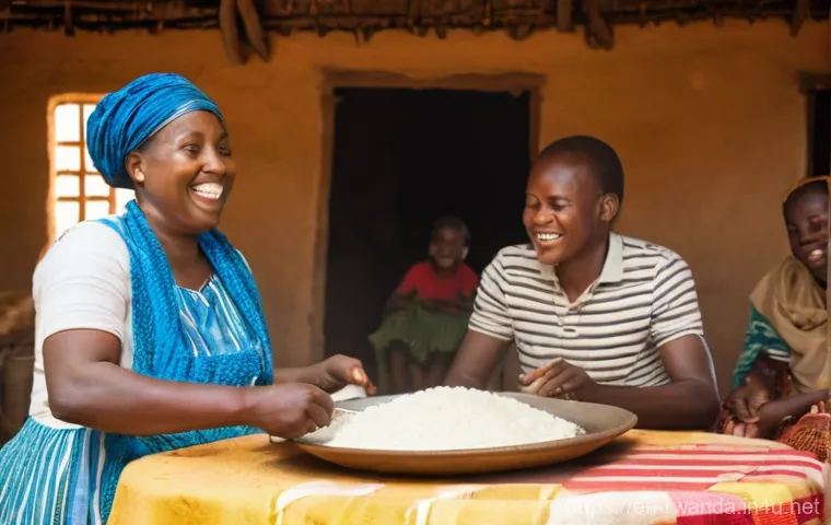 르완다의 전통 음식 레시피 - **Prompt:** A warm, inviting scene of a Rwandan family or group of friends gathered around a low tab...