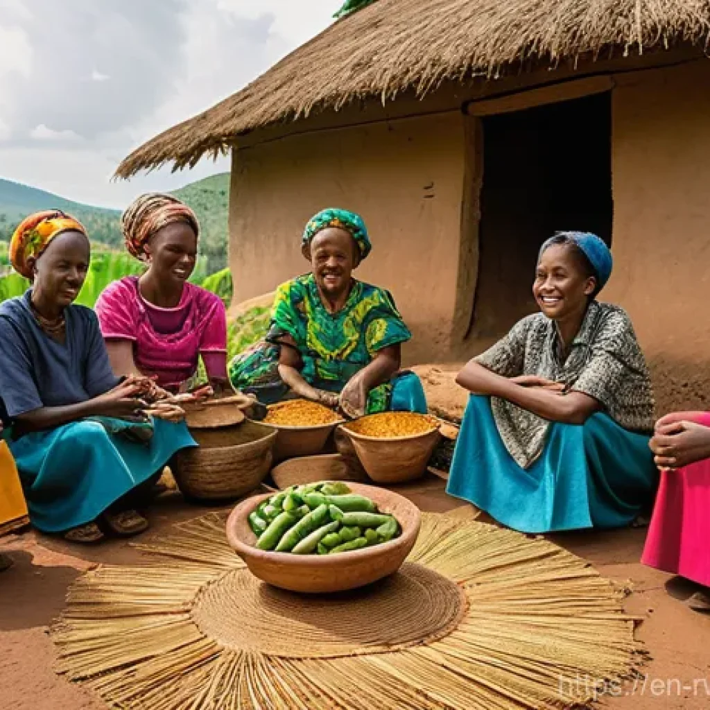 르완다에서의 문화 체험 투어 - **Rwandan Village Life: Weaving and Communal Cooking**
    A vibrant, sun-drenched scene depicting d...