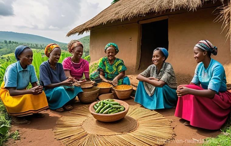 르완다에서의 문화 체험 투어 - **Rwandan Village Life: Weaving and Communal Cooking**
A vibrant, sun-drenched scene depicting d...