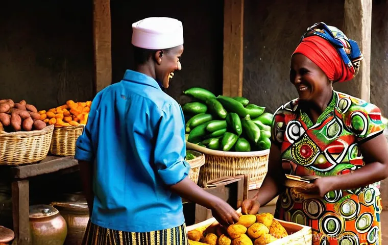 르완다에서의 문화 체험 투어 - **Rwandan Village Life: Weaving and Communal Cooking**
    A vibrant, sun-drenched scene depicting d...