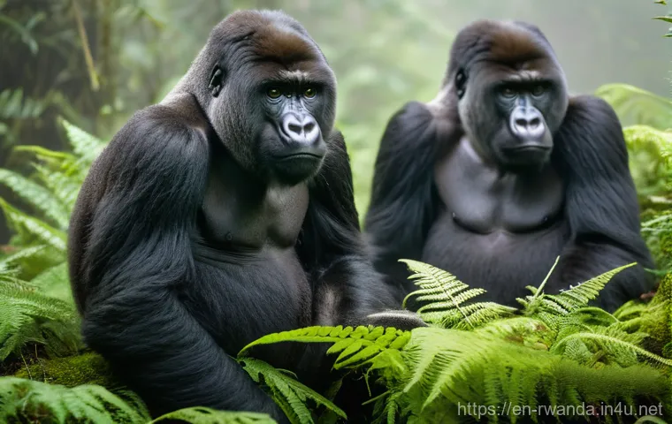 르완다의 국립 공원 개요 - **Prompt 1: Majestic Mountain Gorilla Family in Misty Rainforest**
    "A stunning, realistic photog...
