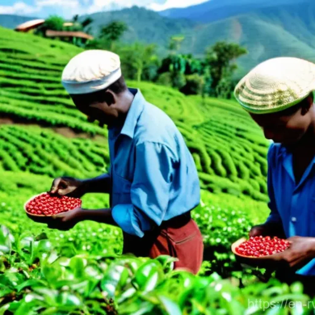르완다 농산물 수출 - **Prompt:** A vibrant, sun-drenched scene showcasing Rwandan coffee farmers meticulously hand-pickin...