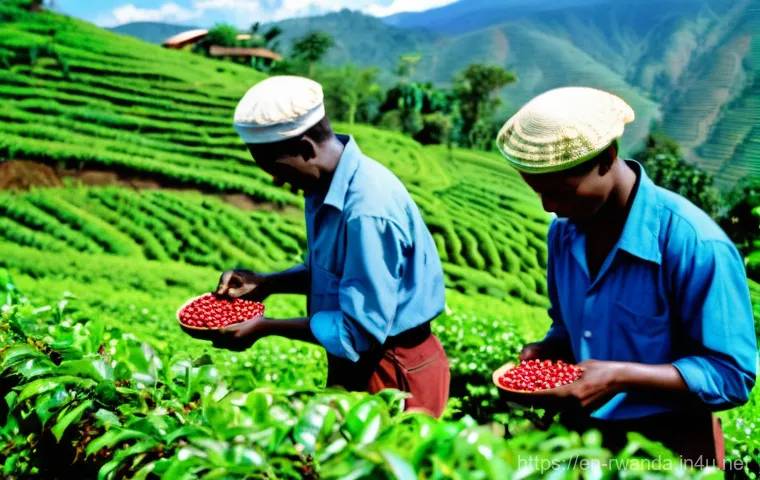 르완다 농산물 수출 - **Prompt:** A vibrant, sun-drenched scene showcasing Rwandan coffee farmers meticulously hand-pickin...