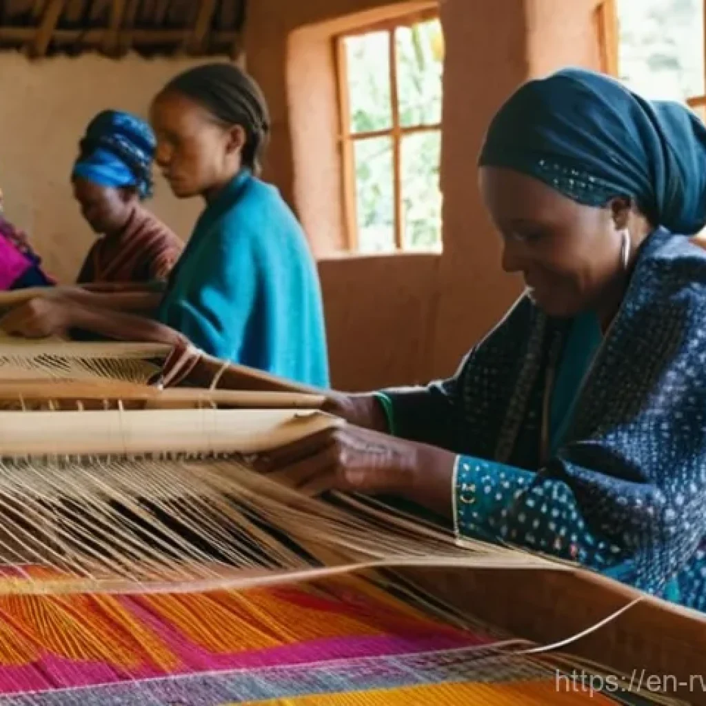 르완다 전통 직물 제작의 여성 참여율 - **Prompt:** A serene and brightly lit Rwandan weaving cooperative, filled with natural sunlight filt...