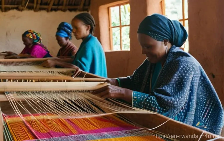 르완다 전통 직물 제작의 여성 참여율 - **Prompt:** A serene and brightly lit Rwandan weaving cooperative, filled with natural sunlight filt...