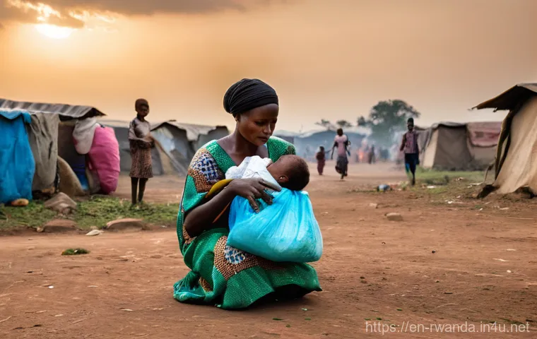 르완다와 주변국 갈등 - **Prompt:** A poignant scene depicting displaced families in a refugee camp in Eastern Democratic Re...