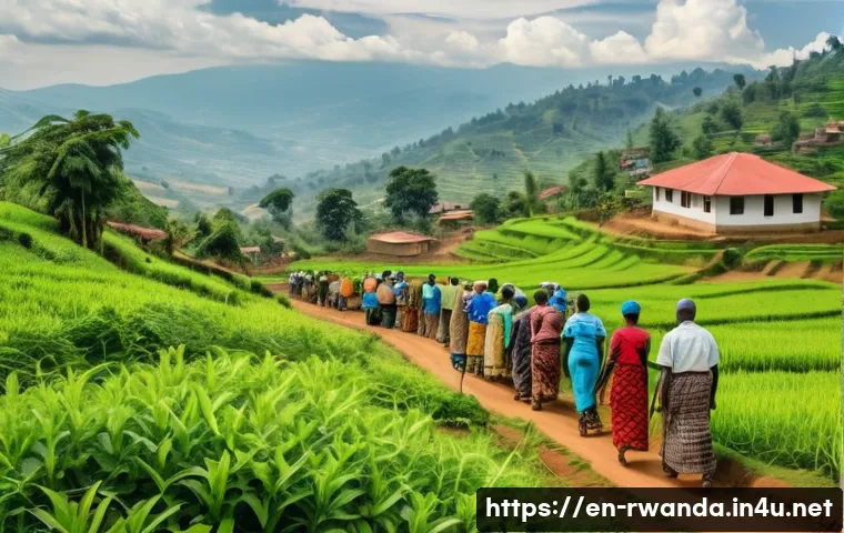 르완다에서의 지역 커뮤니티 경험 - **Image Prompt: Umuganda Community Service**
    "A vibrant, wide-angle shot of a rural Rwandan comm...