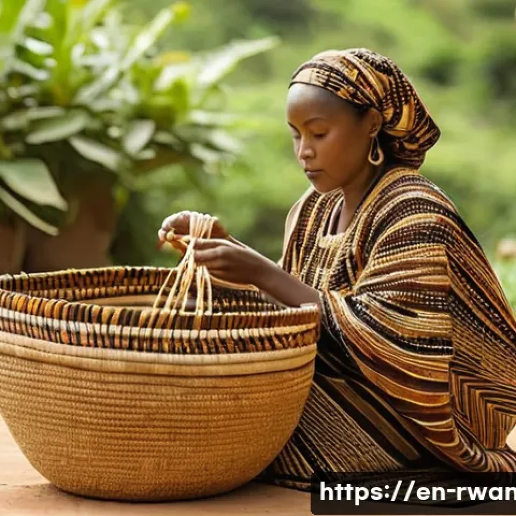 르완다 전통 직물 제작 과정 소개 - **Prompt for Agaseke Basket Weaving:**
"A serene Rwandan woman artisan, gracefully poised, metic...