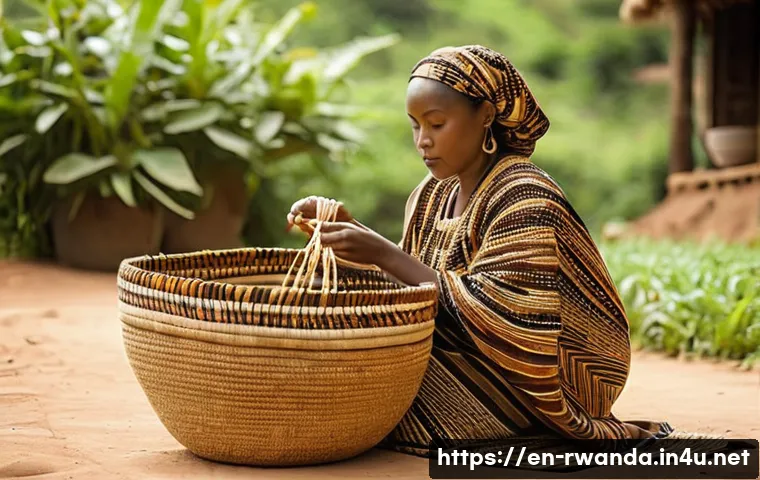 르완다 전통 직물 제작 과정 소개 - **Prompt for Agaseke Basket Weaving:**
"A serene Rwandan woman artisan, gracefully poised, metic...