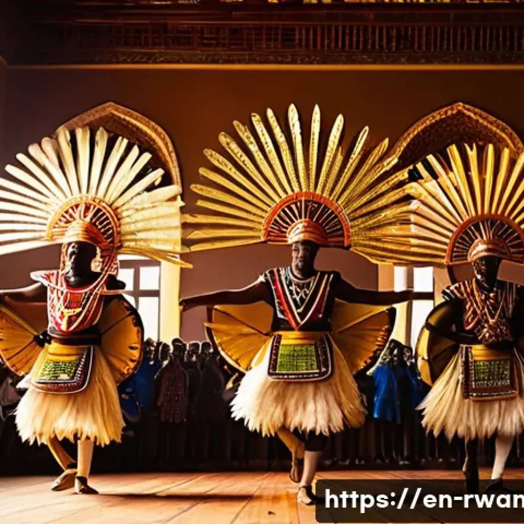 르완다 민속 춤 역사적 맥락 - A vibrant scene of Intore dancers performing in a royal ceremony setting: men dressed in traditional...