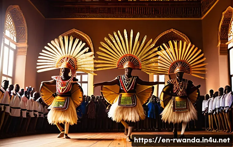 르완다 민속 춤 역사적 맥락 - A vibrant scene of Intore dancers performing in a royal ceremony setting: men dressed in traditional...