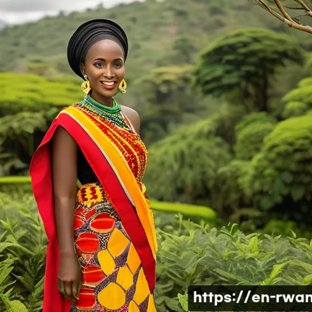 르완다 민속 의상 시장 - A graceful Rwandan woman dressed in a traditional imishanana, featuring a long, flowing cotton fabri...