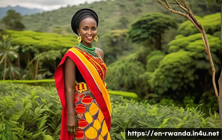 르완다 민속 의상 시장 - A graceful Rwandan woman dressed in a traditional imishanana, featuring a long, flowing cotton fabri...