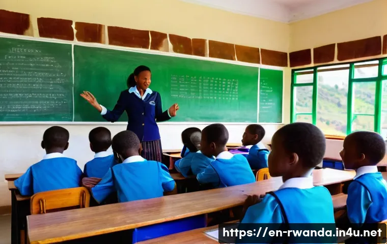 르완다의 주요 국제 학교 - A bright, modern international school classroom in Rwanda featuring a diverse group of students aged...