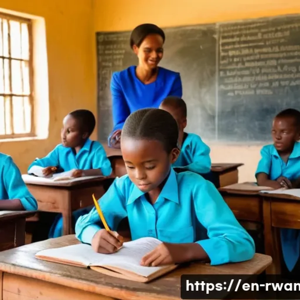 르완다의 주요 사회적 이슈 정리 - A vibrant rural Rwandan classroom scene showing children of diverse ages attentively learning with a...
