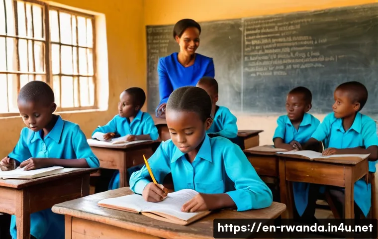르완다의 주요 사회적 이슈 정리 - A vibrant rural Rwandan classroom scene showing children of diverse ages attentively learning with a...