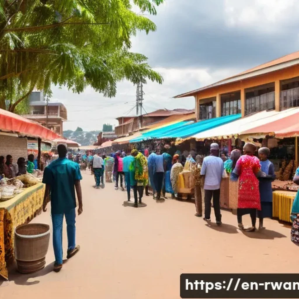 르완다 주요 지역 소개 - A vibrant street scene in Kigali at midday, showcasing a lively market with colorful traditional Rwa...