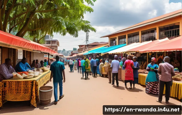 르완다 주요 지역 소개 - A vibrant street scene in Kigali at midday, showcasing a lively market with colorful traditional Rwa...