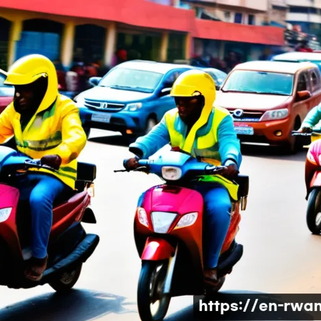 르완다에서의 대중교통 이용법 - A bustling Kigali street scene featuring several moto-taxis ("motos") weaving skillfully through tra...
