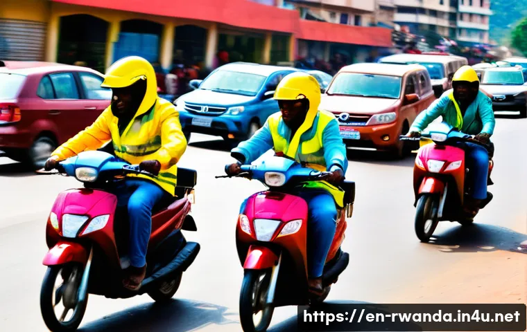 르완다에서의 대중교통 이용법 - A bustling Kigali street scene featuring several moto-taxis ("motos") weaving skillfully through tra...
