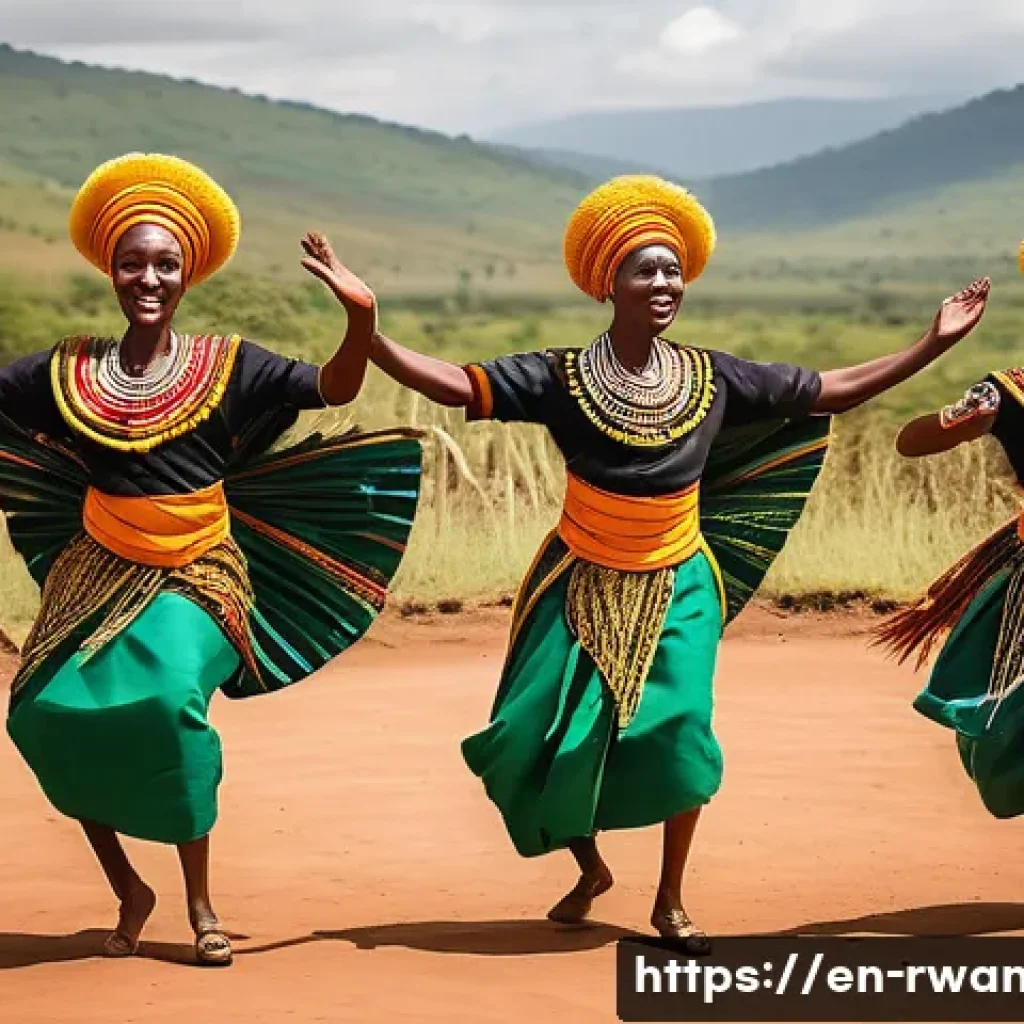 르완다 민속 춤의 주요 춤 동작 분석 - A vibrant scene of a Rwandan traditional dance troupe performing outdoors in bright daylight, showca...