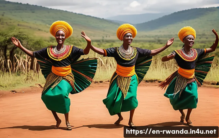 르완다 민속 춤의 주요 춤 동작 분석 - A vibrant scene of a Rwandan traditional dance troupe performing outdoors in bright daylight, showca...