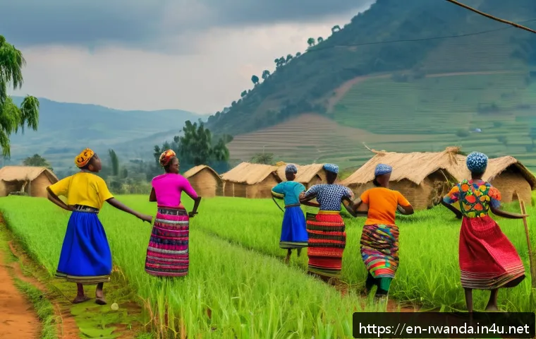 르완다 부족별 특성 - A vibrant Rwandan harvest festival scene in a rural village setting, featuring men, women, and child...